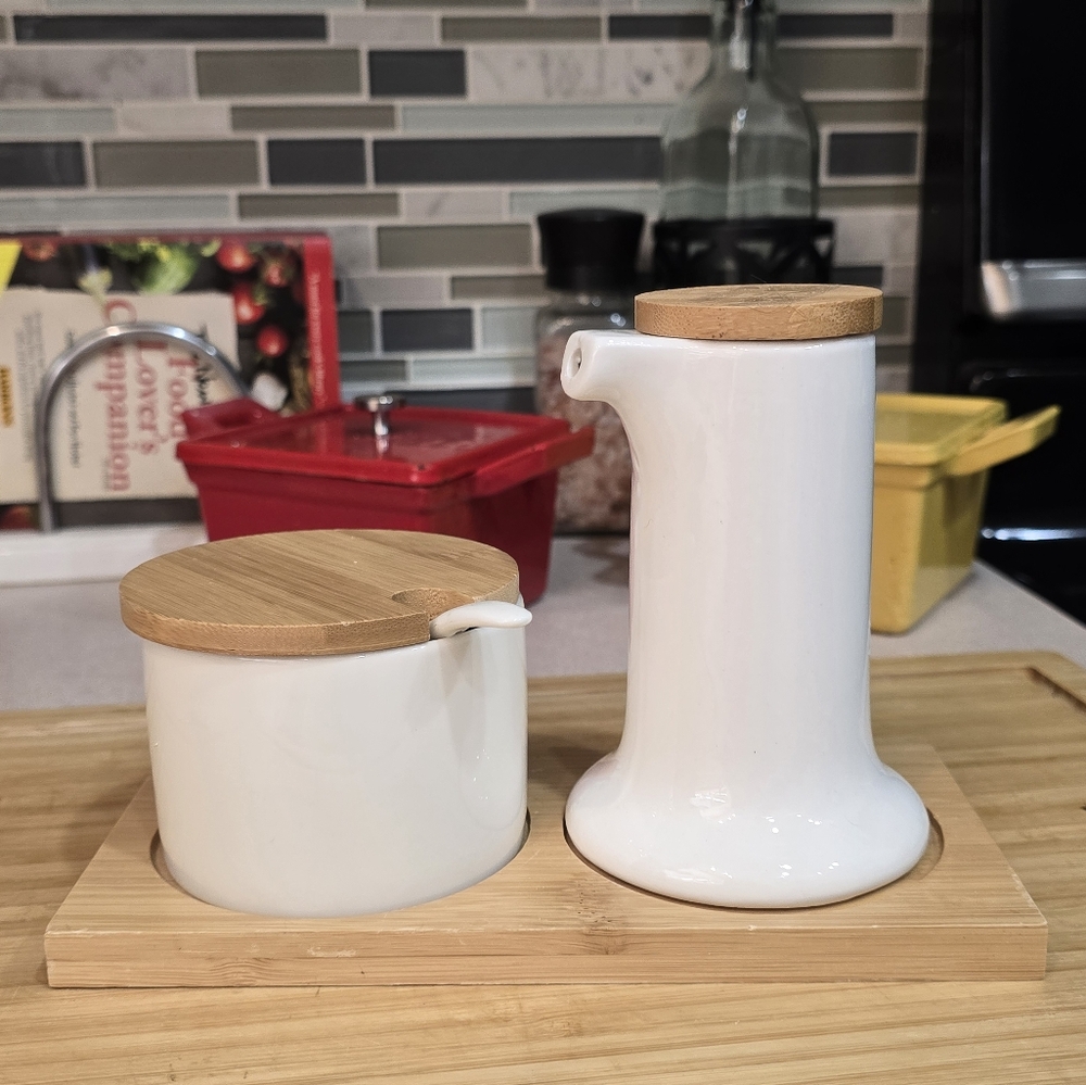 Sugar and Creamer Set‎ with Bamboo Lids & Tray – Dual Purpose for Oil or Spices